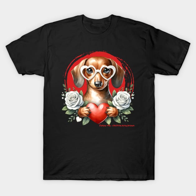 Valentine Dachshund Flowers and Heart T-Shirt by Long-N-Short-Shop